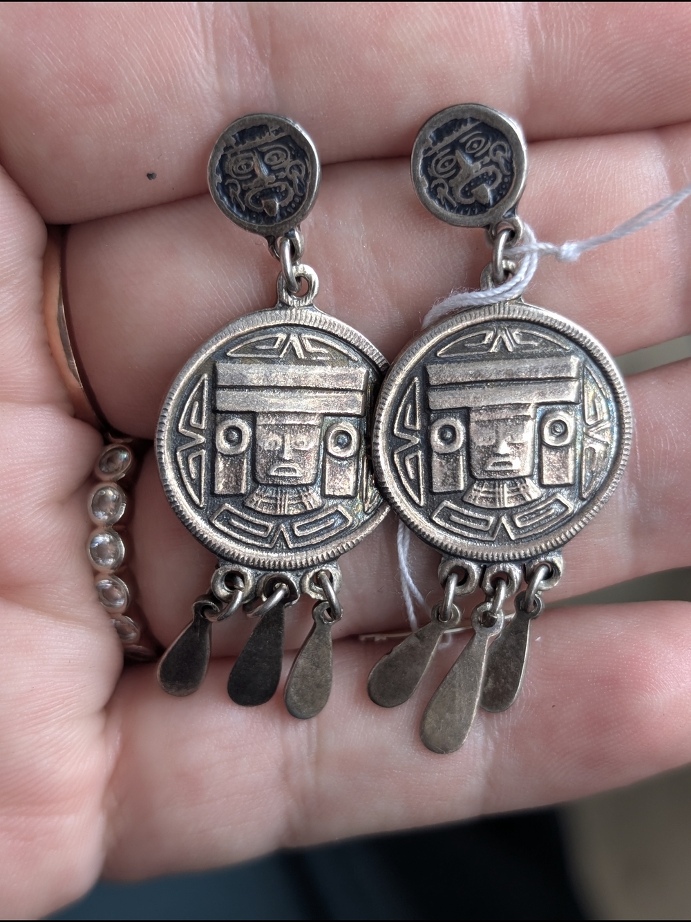 Sterling Silver Mexico Aztec Medallion Dangle Earrings Signed MOB